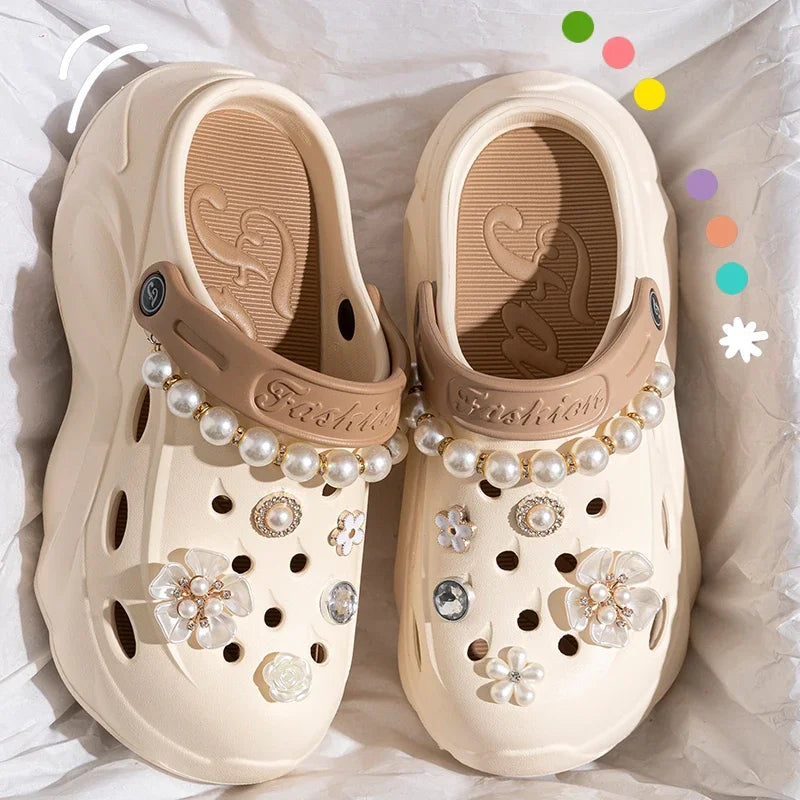 Pearl Chain Chunky Platform Sandals for Women 2024 Summer Thick Sole Beach Sandals Woman Flowers Non Slip EVA Clogs Garden Shoes