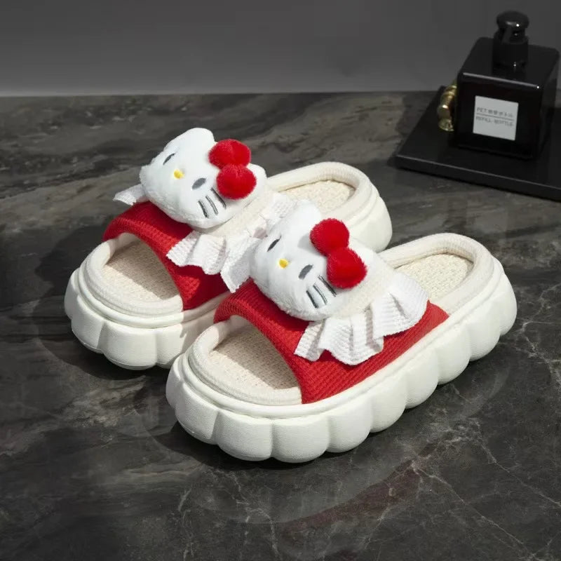 Sanrio Hello Kitty Platform Shoes Women Luxury Design Linen Bottom Breathable Fuzzy Slippers Y2k Female Cartoon Trend Flat Shoe