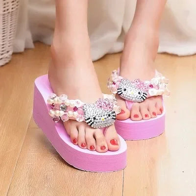 Sanrio Hello Kitty Soft Flip Flop Sandals Y2K Beach Slides Shoes Women Casual Wedge High Heels Platform For Slippers Ladies Gift