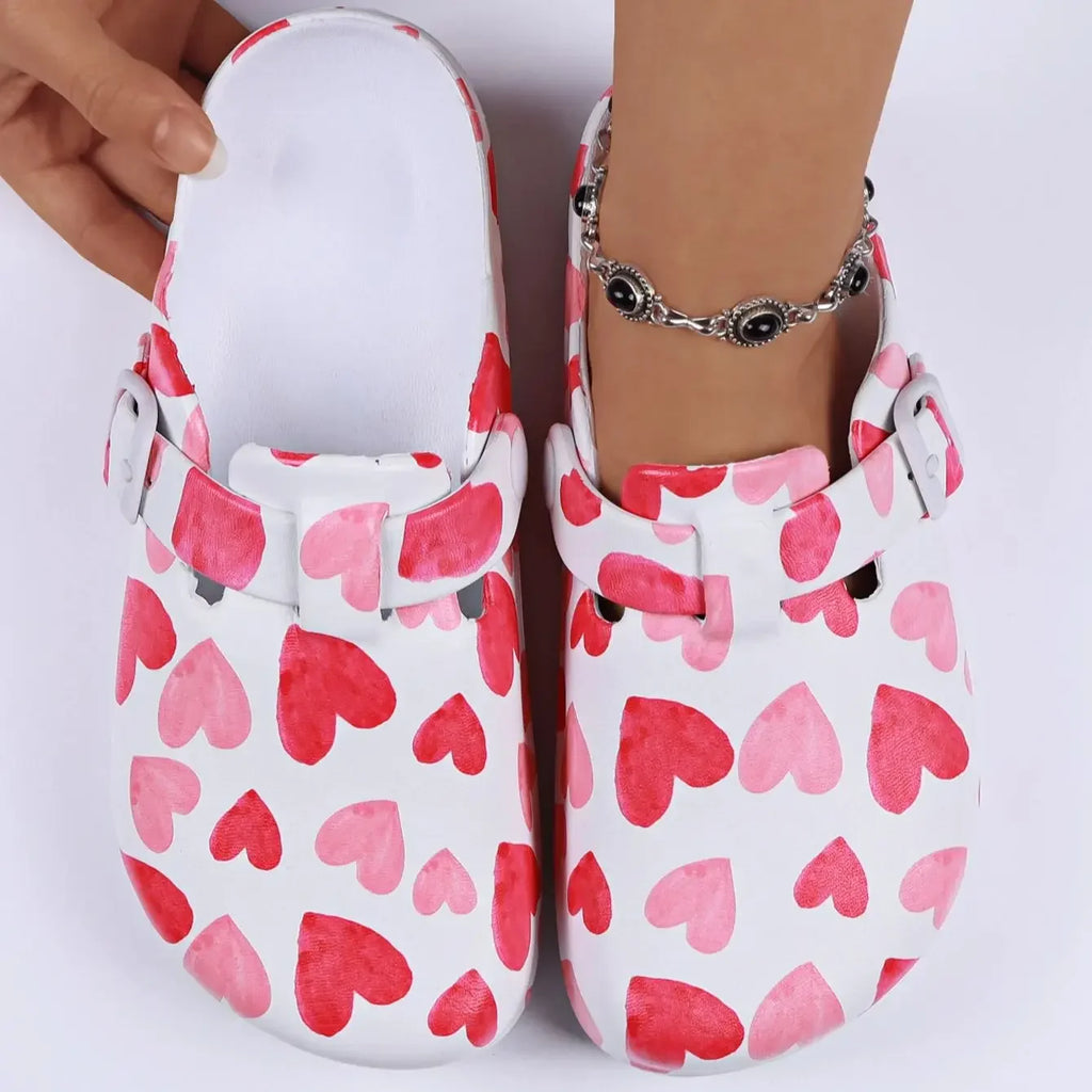 Women's Fashion Heart Print Outdoor Garden Shoes Casual EVA Sandals Comfortable Clogs for Garden Walking